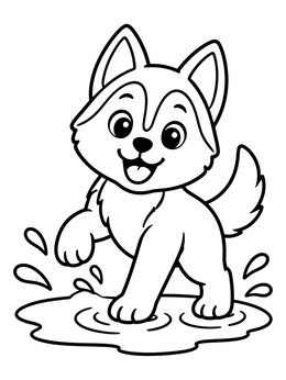 A cheerful puppy plays in water on this husky coloring page.