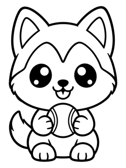 A cute husky coloring page featuring a sitting puppy holding a ball with both paws.