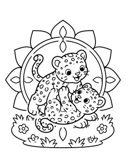 Free printable Playful Jaguar Cubs In Floral Frame coloring page