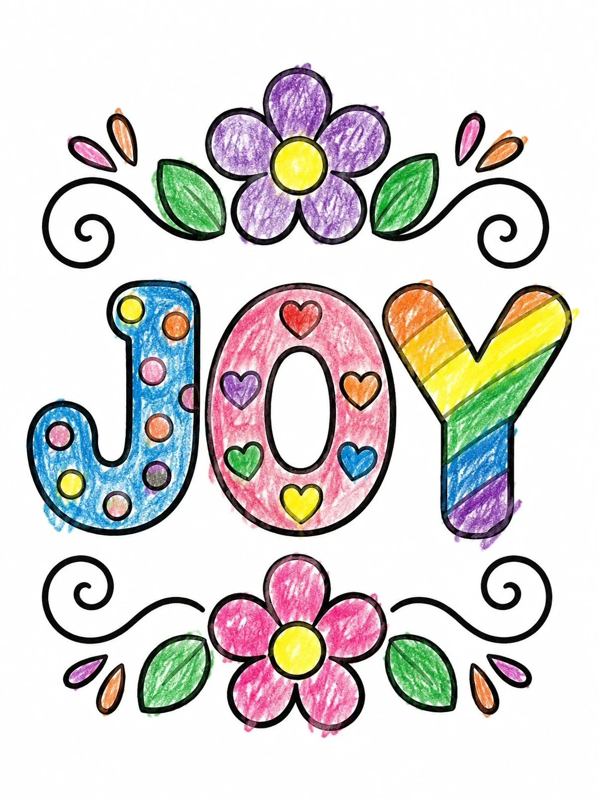 Colored example of the Playful Joy Floral Word Art coloring page