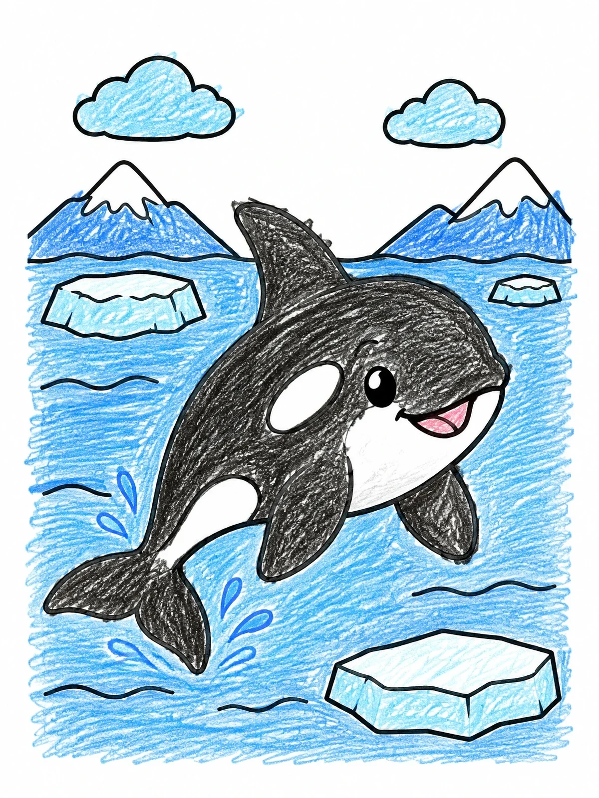 Colored example of the Playful Killer Whale In Arctic Waters coloring page
