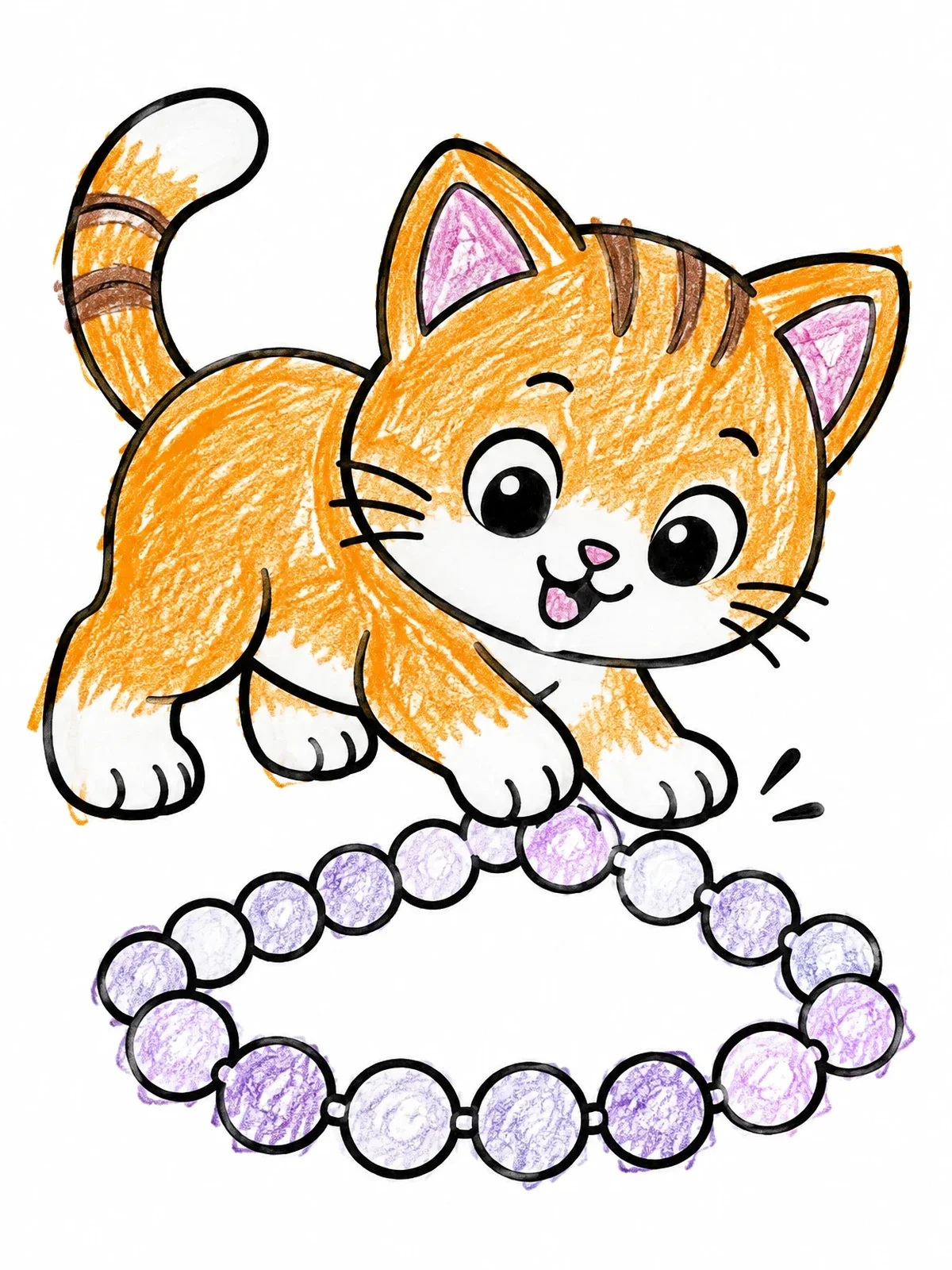Colored example of the Playful Kitten And Pearl Necklace coloring page