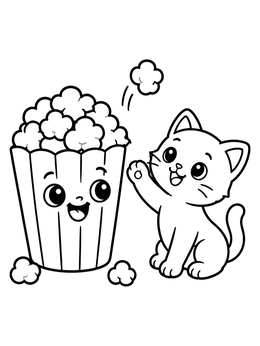 Free printable Playful Kitten And Popcorn Bucket coloring page