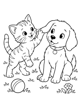 A playful kitten coloring page featuring a cat gently touching a puppy ear.