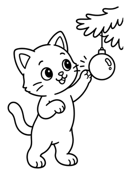 A sweet christmas kitten coloring page showing a playful cat reaching for a hanging ornament.