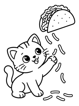 A cute kitten reaches up to catch shredded cheese on this taco coloring page.
