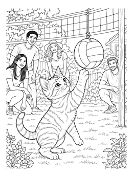 A playful kitten reaching for a hanging ball in this volleyball coloring page with smiling friends.