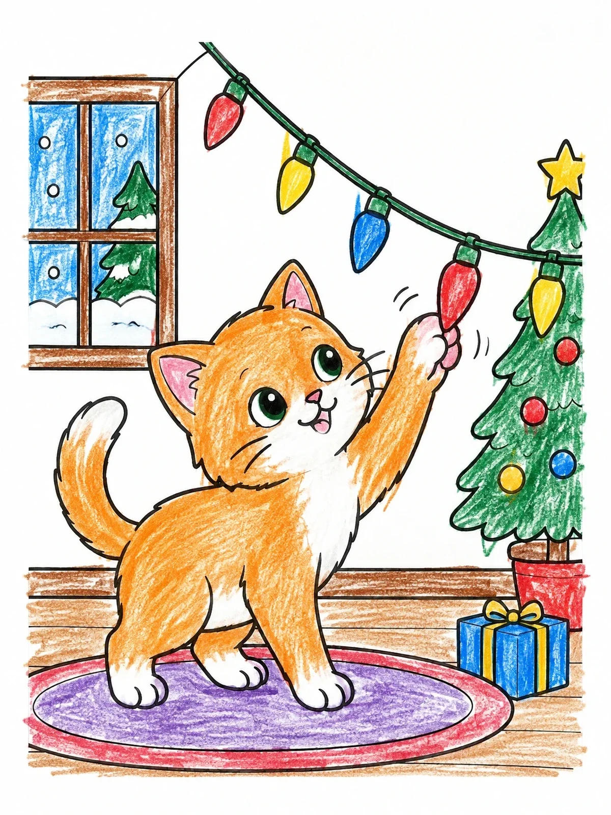 Colored example of the Playful Kitten With Holiday Lights coloring page