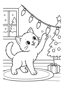 Free printable Playful Kitten With Holiday Lights coloring page
