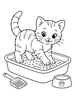 A kitten coloring page showing a playful cat digging in a clean litter box.