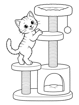 A kitten coloring page showing a playful cat climbing a scratching post tower.