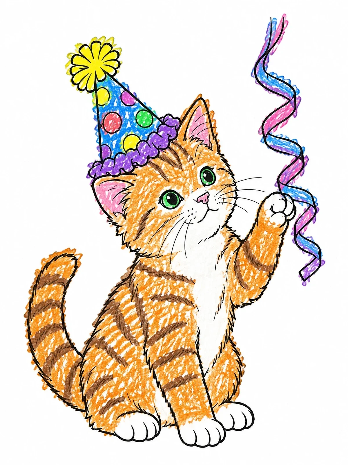 Colored example of the Playful Kitten Wearing A Party Hat coloring page