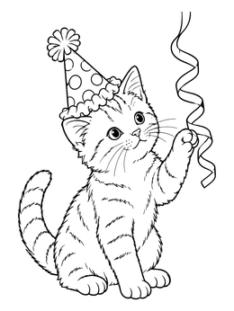 A playful kitten reaching for dangling ribbon on this party hat coloring page.