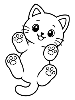 A cheerful kitten coloring page featuring a cute cat lying on its back with all four paws raised.