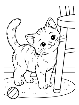 A sweet kitten coloring page showing a playful cat rubbing its cheek against a wooden chair.