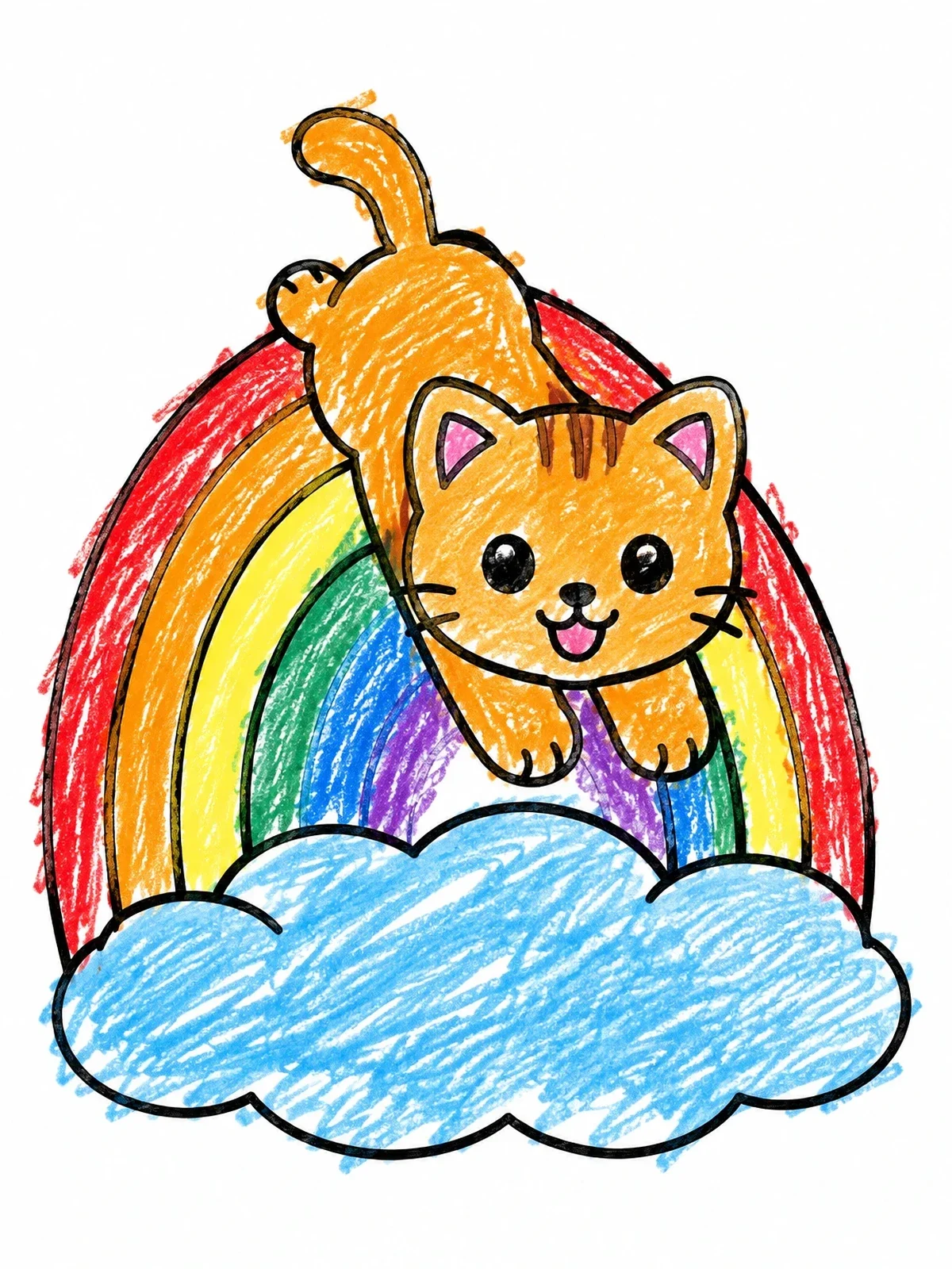 Colored example of the Playful Kitten Sliding On Rainbow coloring page