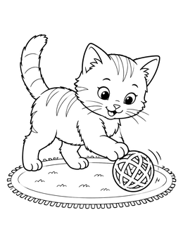A kitten coloring page showing a playful cat batting a lattice ball on a rug.