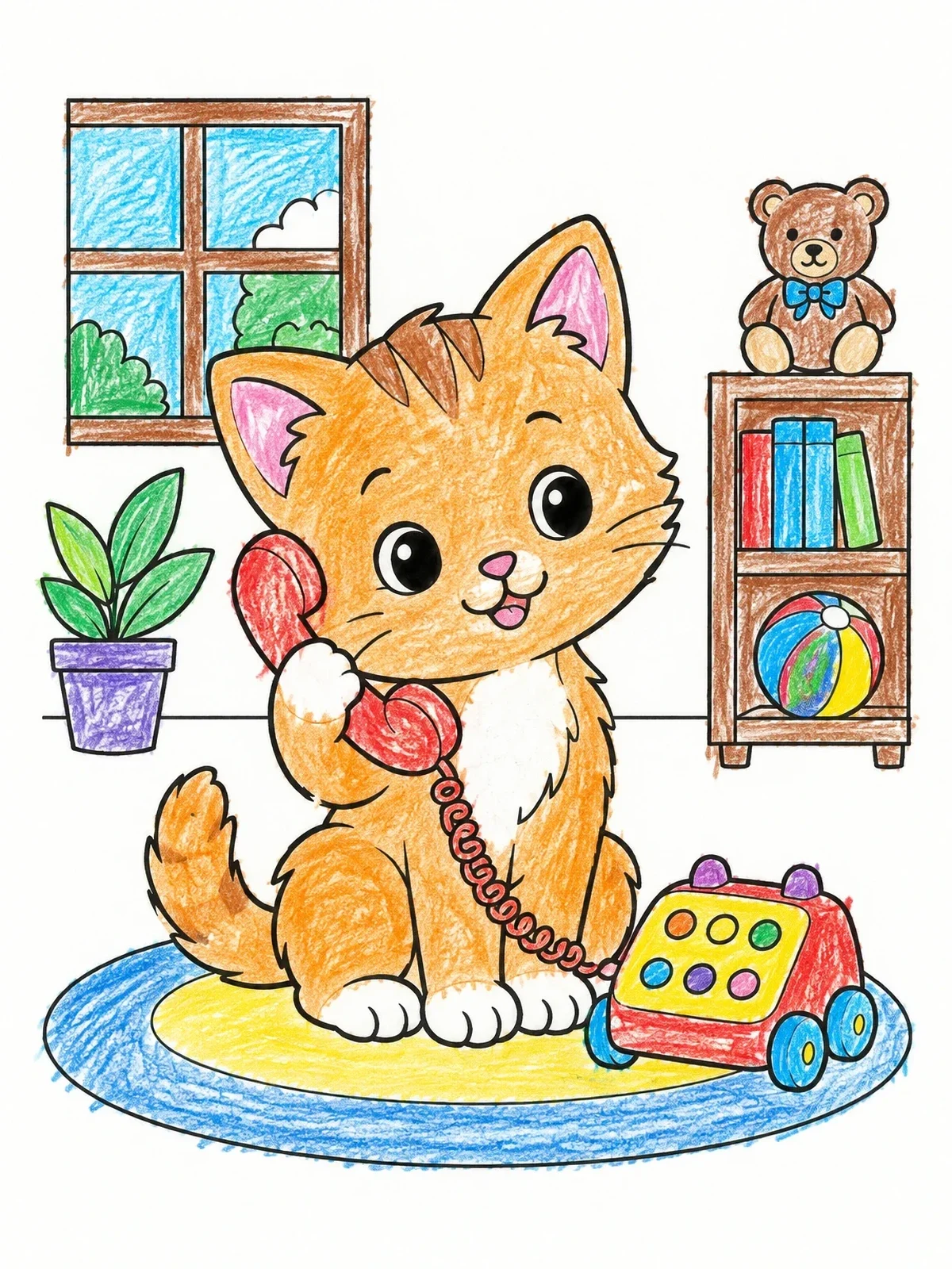 Colored example of the Playful Kitten With Toy Telephone coloring page