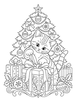 A playful kitten untying a gift ribbon in this detailed christmas tree coloring page.