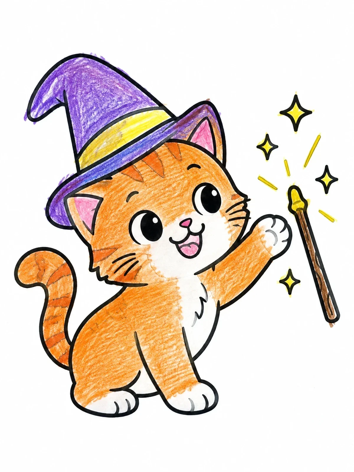 Colored example of the Playful Kitten With Witch Hat coloring page