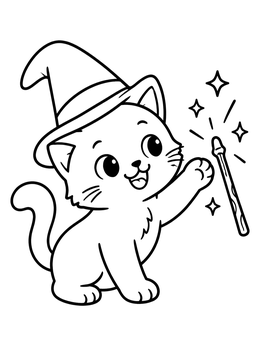 A playful kitten reaching for a magic wand on this cute witch coloring page.