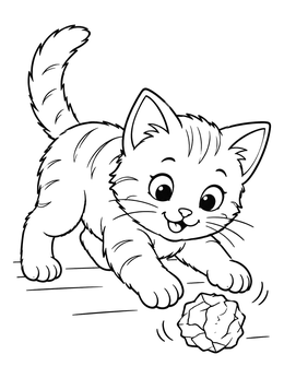 A cute kitten coloring page showing a playful cat pouncing on a crumpled paper ball.