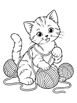 Free printable Playful Kitten With Yarn Balls coloring page