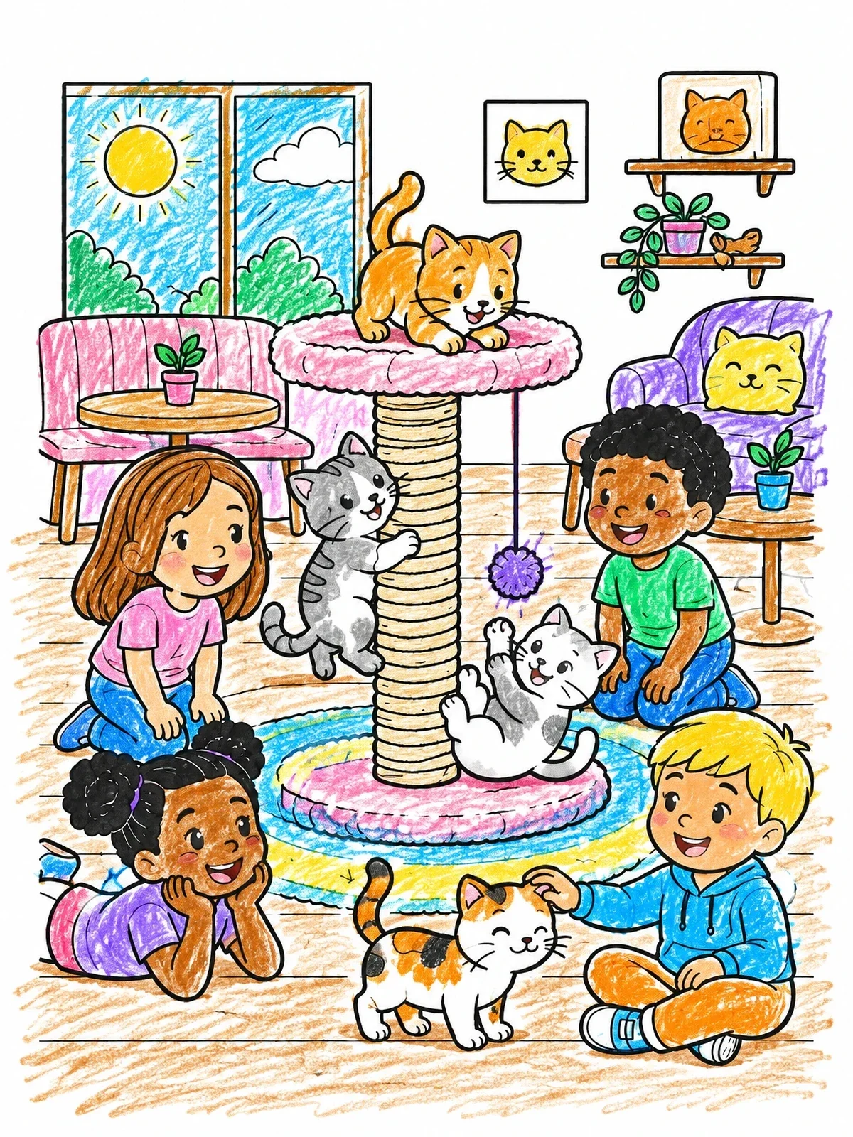 Colored example of the Playful Kittens At The Cat Cafe coloring page