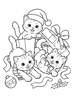 Three cute cats play in this festive christmas kitten coloring page with a holiday gift box.
