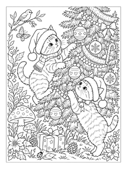 Two cute cats play in this festive christmas kitten coloring page.