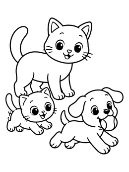Two kittens playing with a puppy holding a ball in this kitten coloring page.