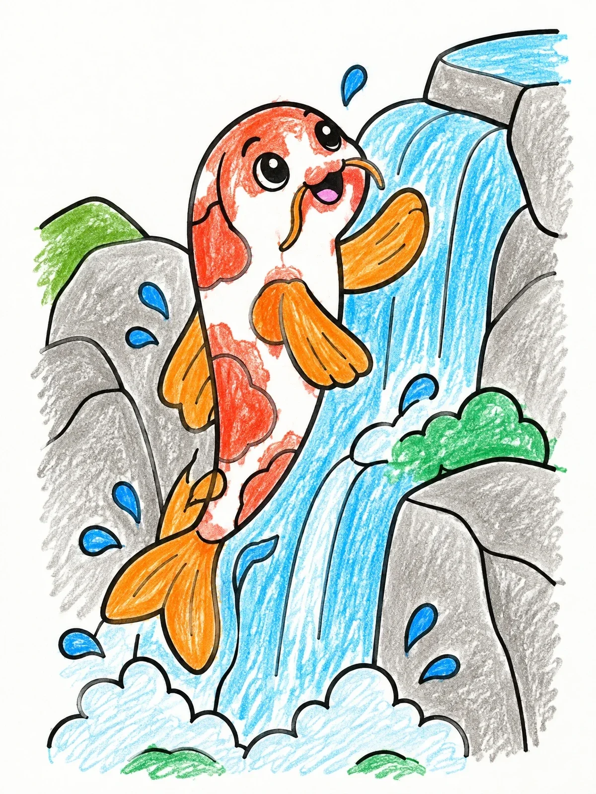 Colored example of the Playful Koi Jumping Up Waterfall coloring page