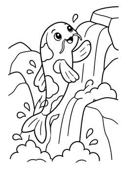 A cheerful koi fish coloring page showing it leaping up rocky waterfalls.
