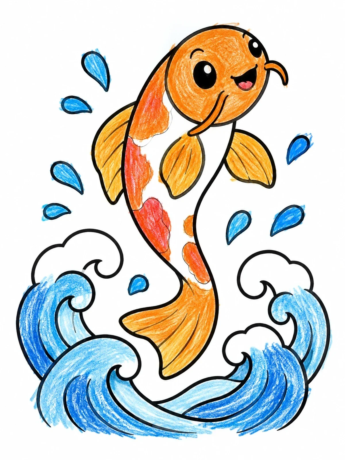 Colored example of the Playful Koi Leaping Over Waves coloring page