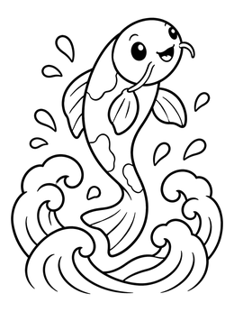 Free printable Playful Koi Leaping Over Waves coloring page