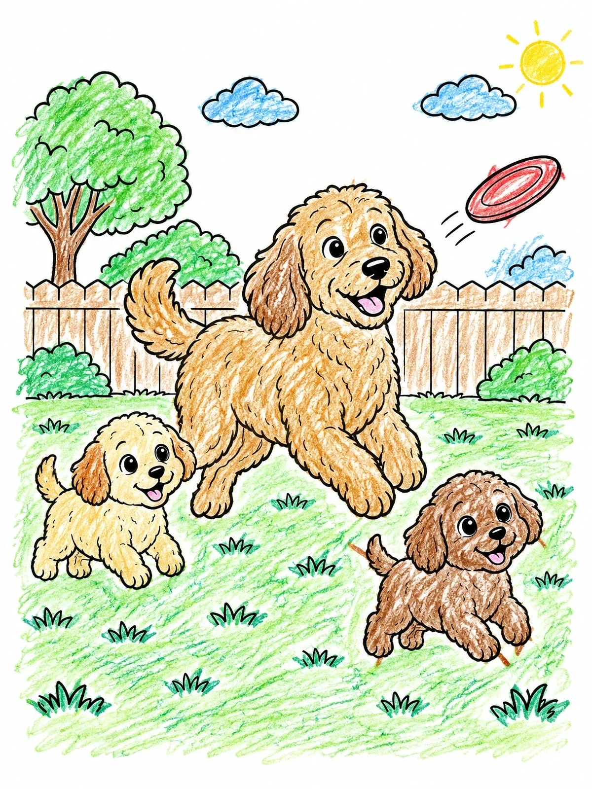 Colored example of the Playful Labradoodle Family In Backyard coloring page