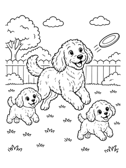 Free printable Playful Labradoodle Family In Backyard coloring page