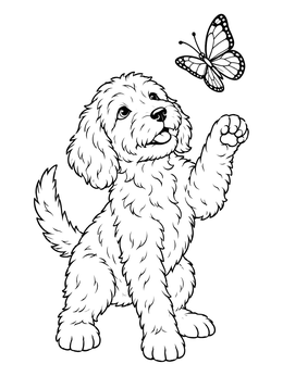 Free printable Playful Labradoodle Puppy And Butterfly coloring page