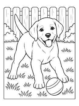 A cheerful labrador retriever coloring page featuring an energetic puppy playing with a ball in the garden.