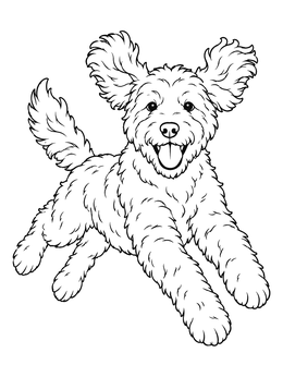 Free printable Playful Leaping Goldendoodle Pup coloring page