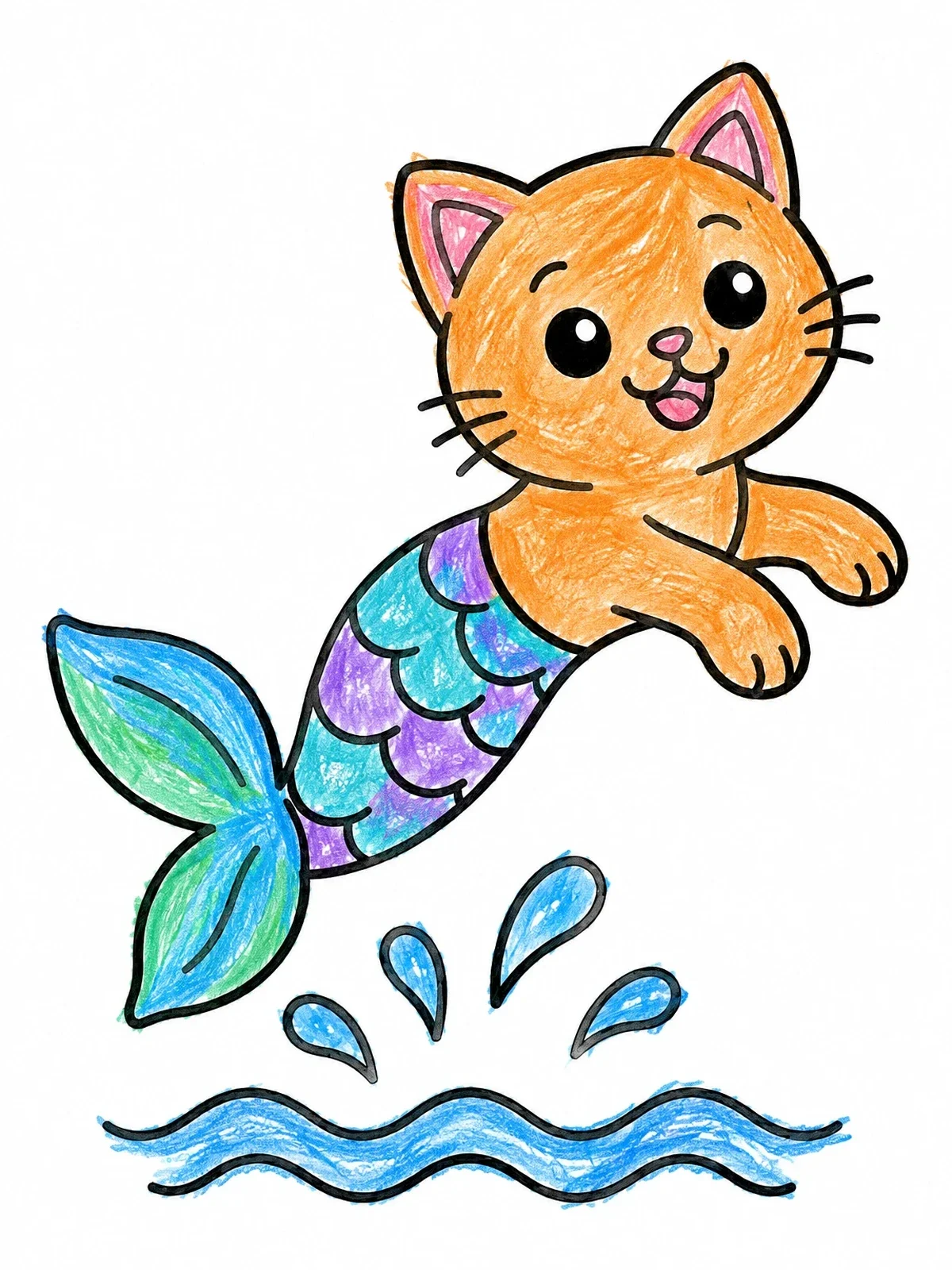 Colored example of the Playful Leaping Mermaid Cat coloring page