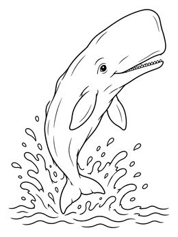 A cheerful young sperm whale coloring page splashing out of the ocean water.