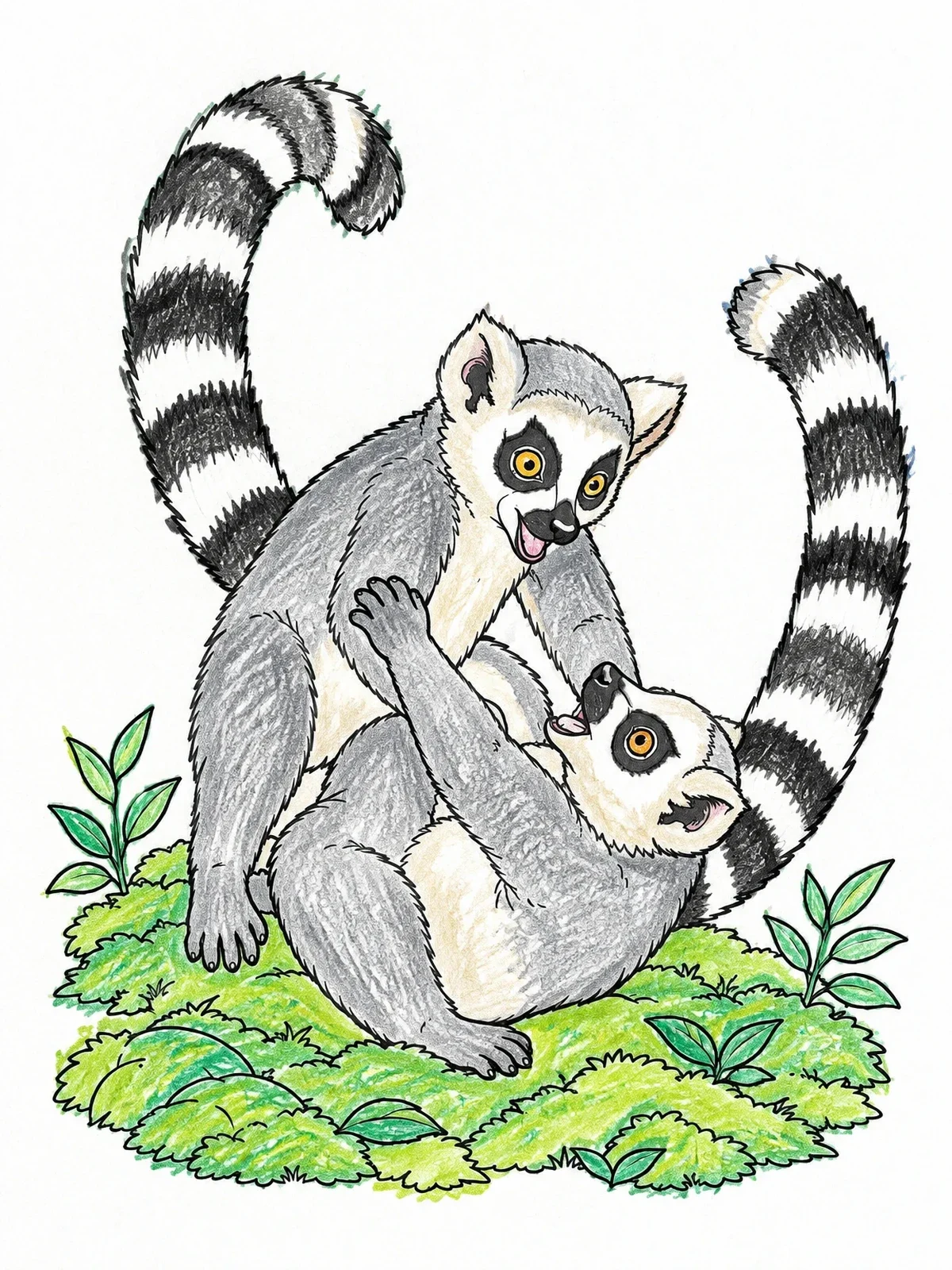 Colored example of the Playful Lemurs Wrestling Outdoors coloring page