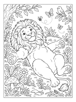 A friendly lion coloring page showing the happy animal lying on its back in a garden.