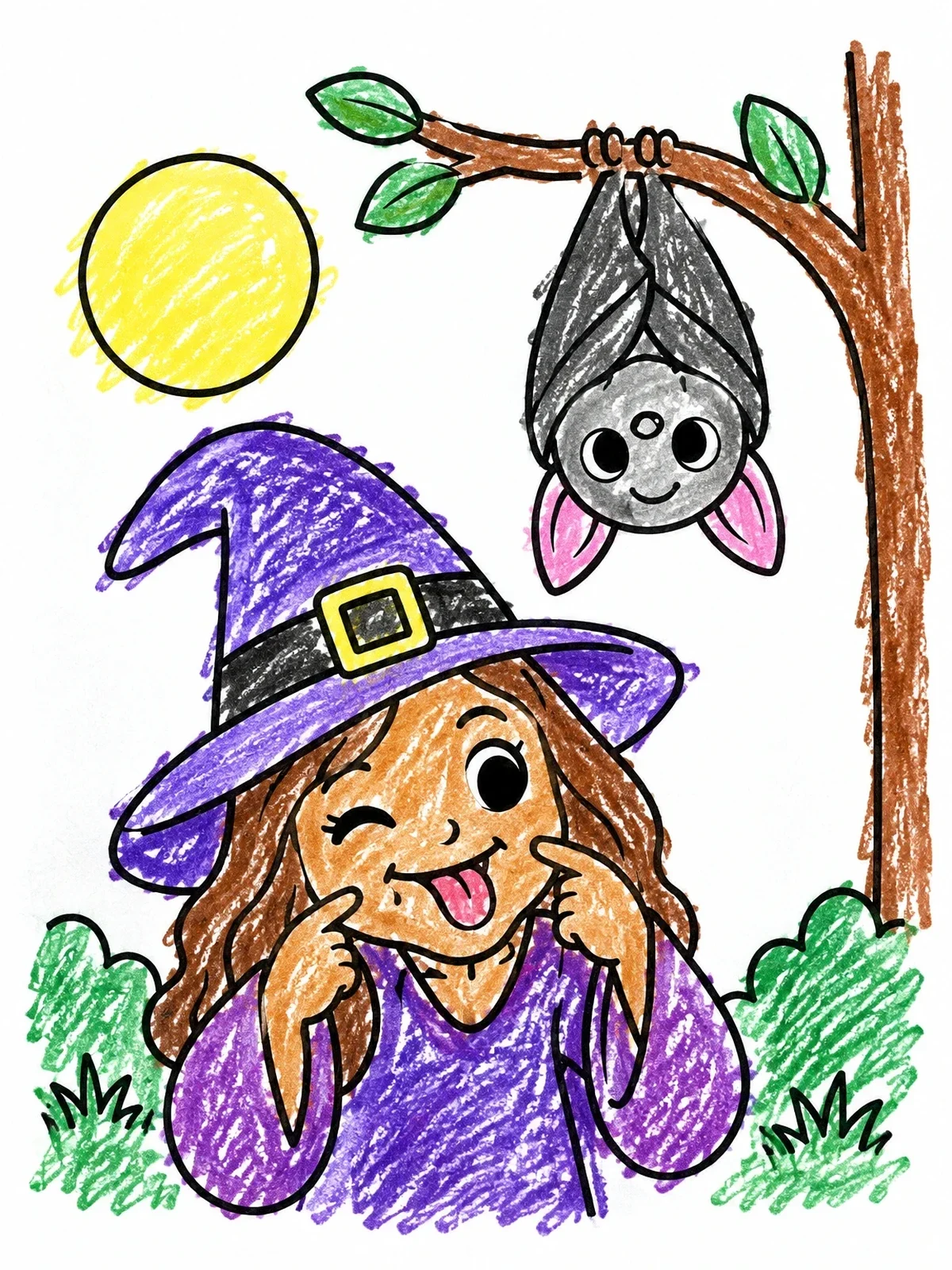 Colored example of the Playful Little Witch And Hanging Bat coloring page