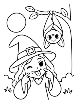 Free printable Playful Little Witch And Hanging Bat coloring page