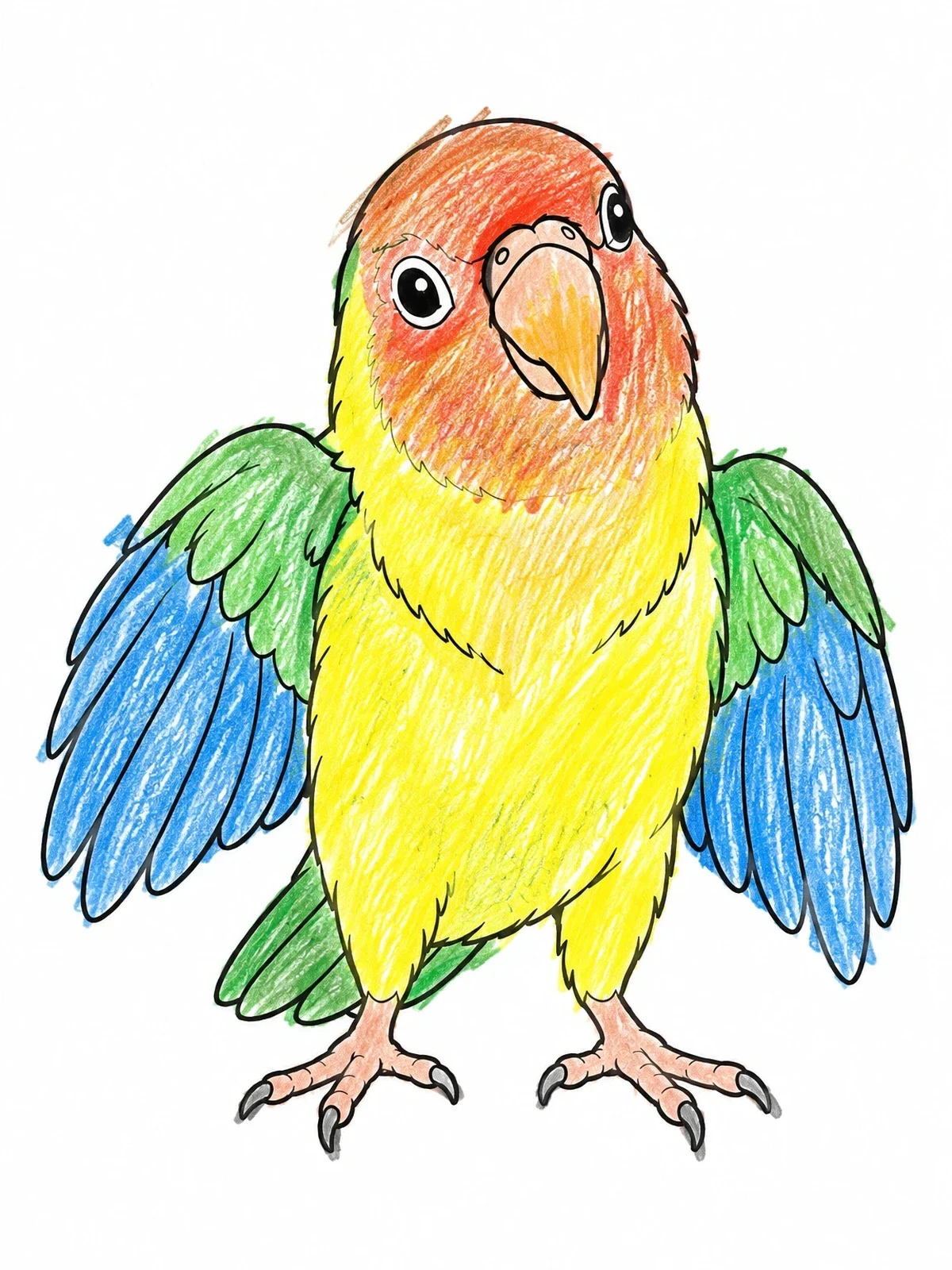 Colored example of the Playful Lovebird With Open Wings coloring page