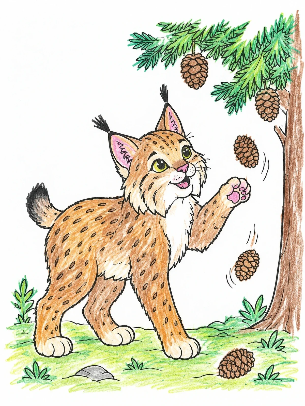Colored example of the Playful Lynx Cub With Pinecones coloring page