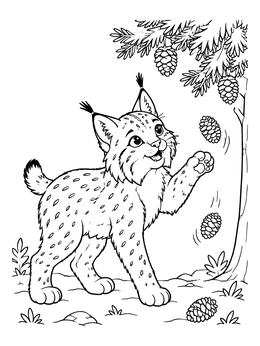 Free printable Playful Lynx Cub With Pinecones coloring page