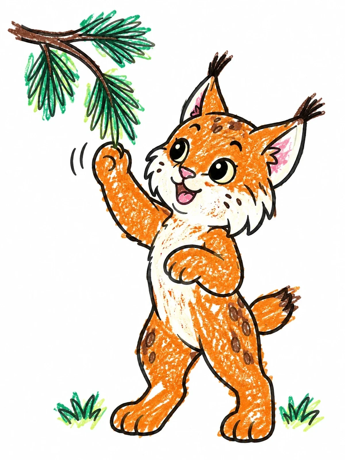 Colored example of the Playful Lynx Cub Reaching For Pine Needles coloring page